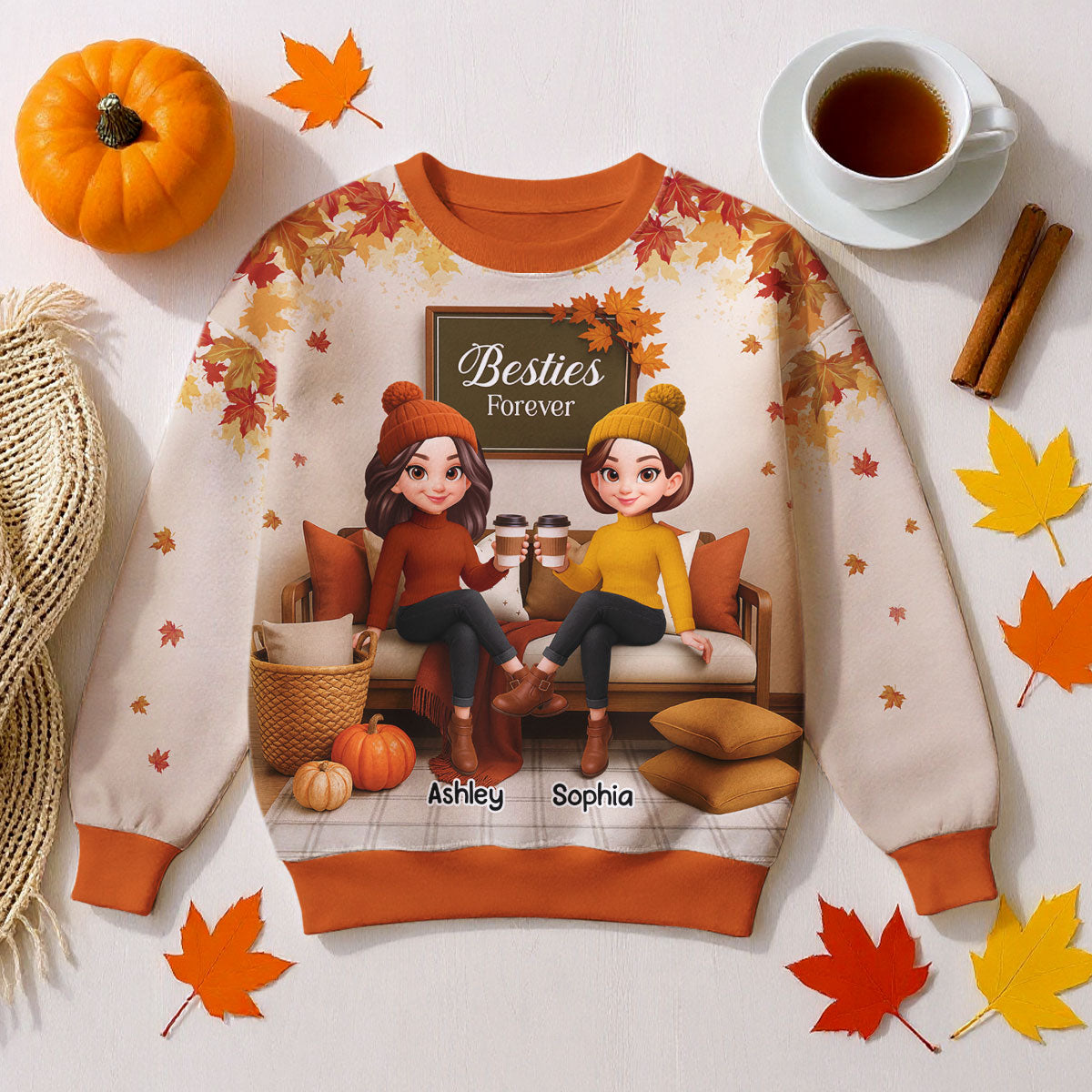 Fall Season Besties Sisters Sitting On Cozy Sofa Personalized 3D Sweatshirt