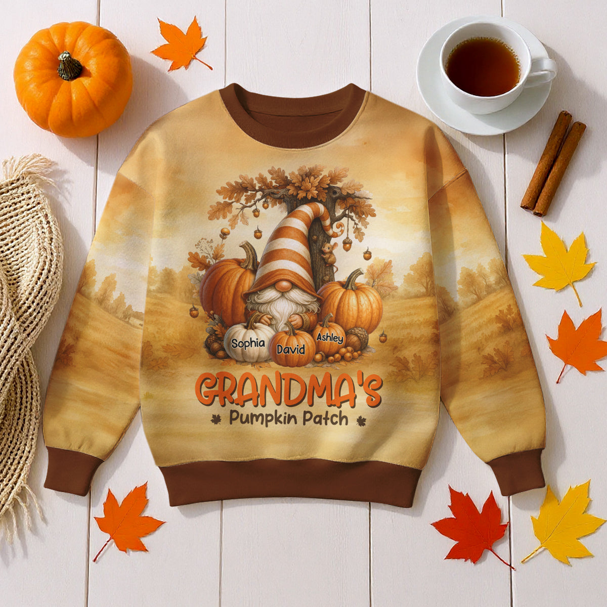 Gnome Grandma's Pumpkin 3D Personalized Fall Sweatshirt, Cozy Fall Sweatshirt for Grandma