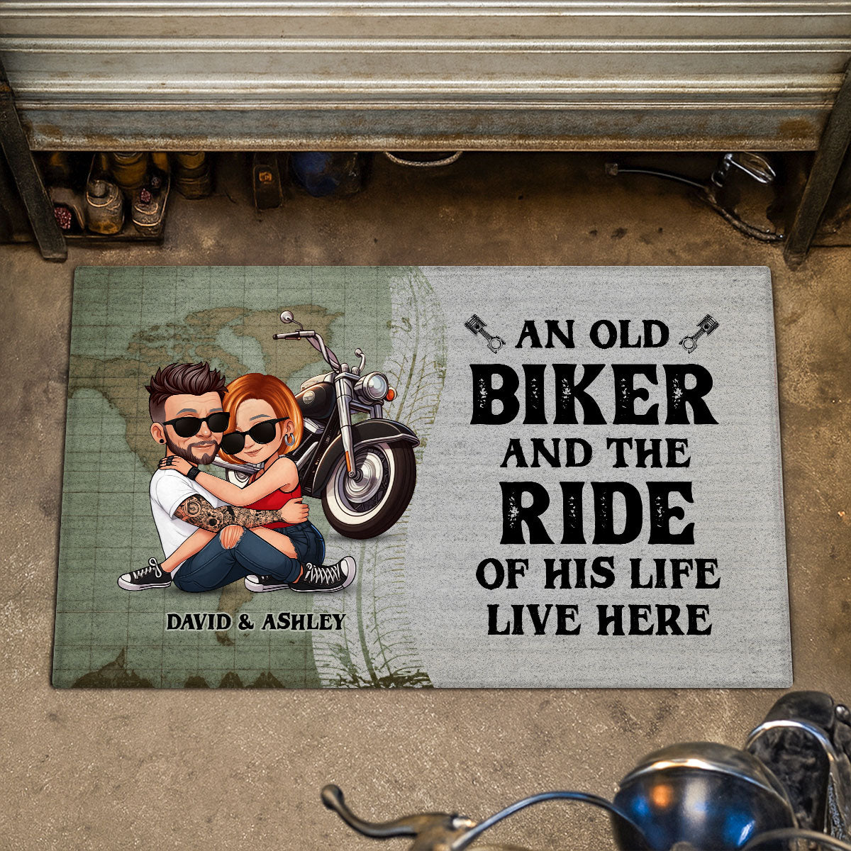 An Old Biker and the Ride of His Life Live Here Personalized Doormat, Custom Motorcycle Gift for Couples