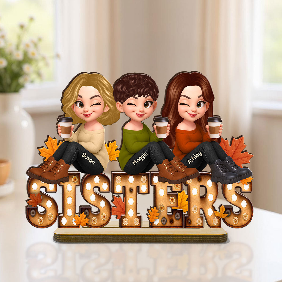 Fall Besties Sitting On Text Marquee Effect Personalized Standing Wooden Plaque, Meaningful Gift For Best Friends