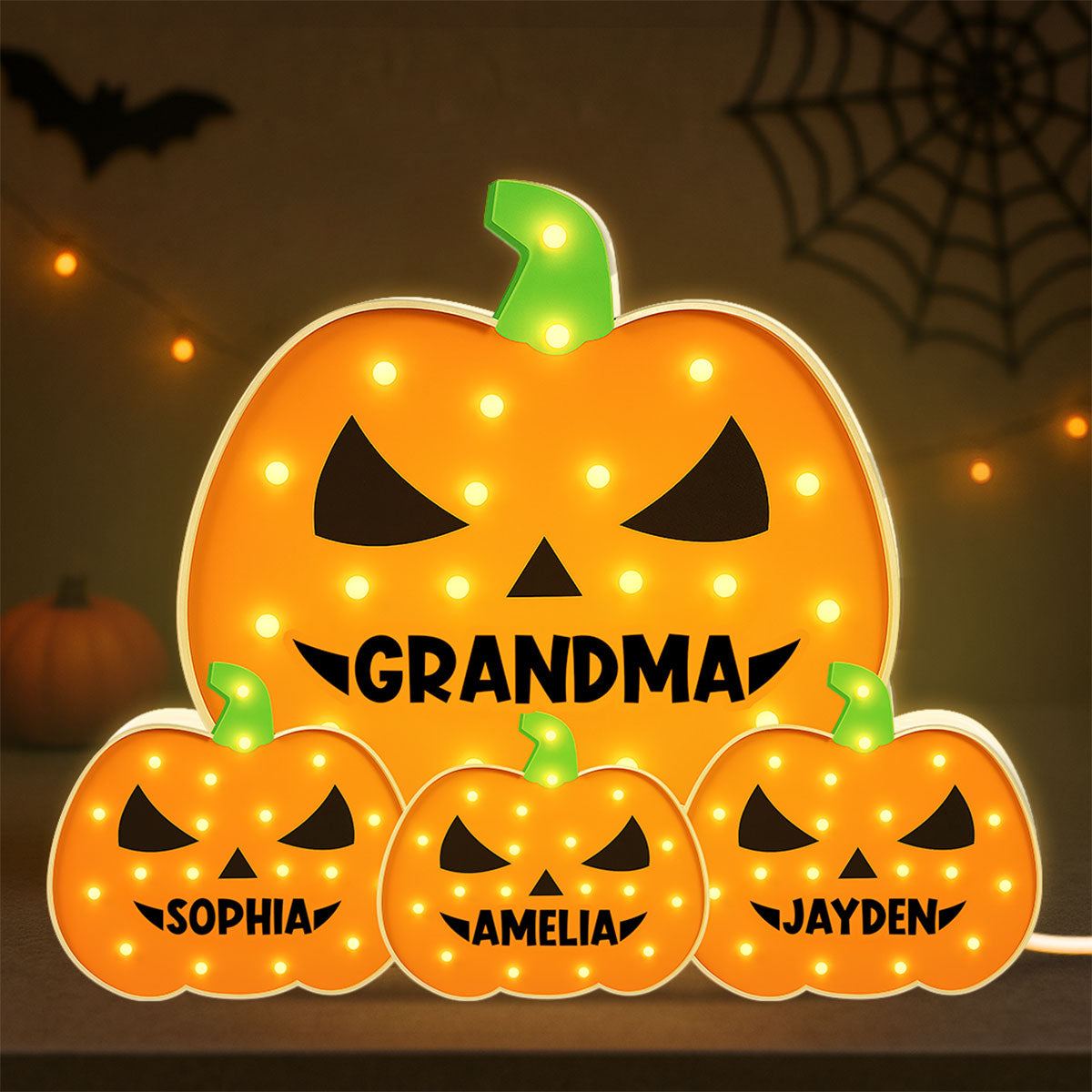 3D Effect Marquee Pattern Halloween Grandma And Grandkids Pumpkins - Personalized Light Box - Gift For Grandmas