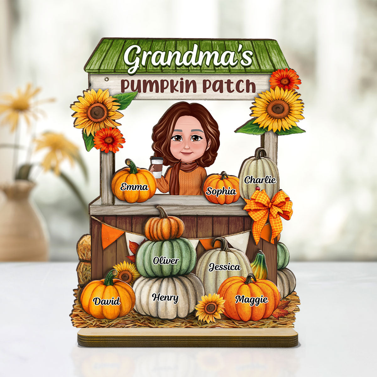 Grandma Mom Fall Season Pumpkin Stand Personalized Wooden Plaque, Meaningful Gift for Grandma