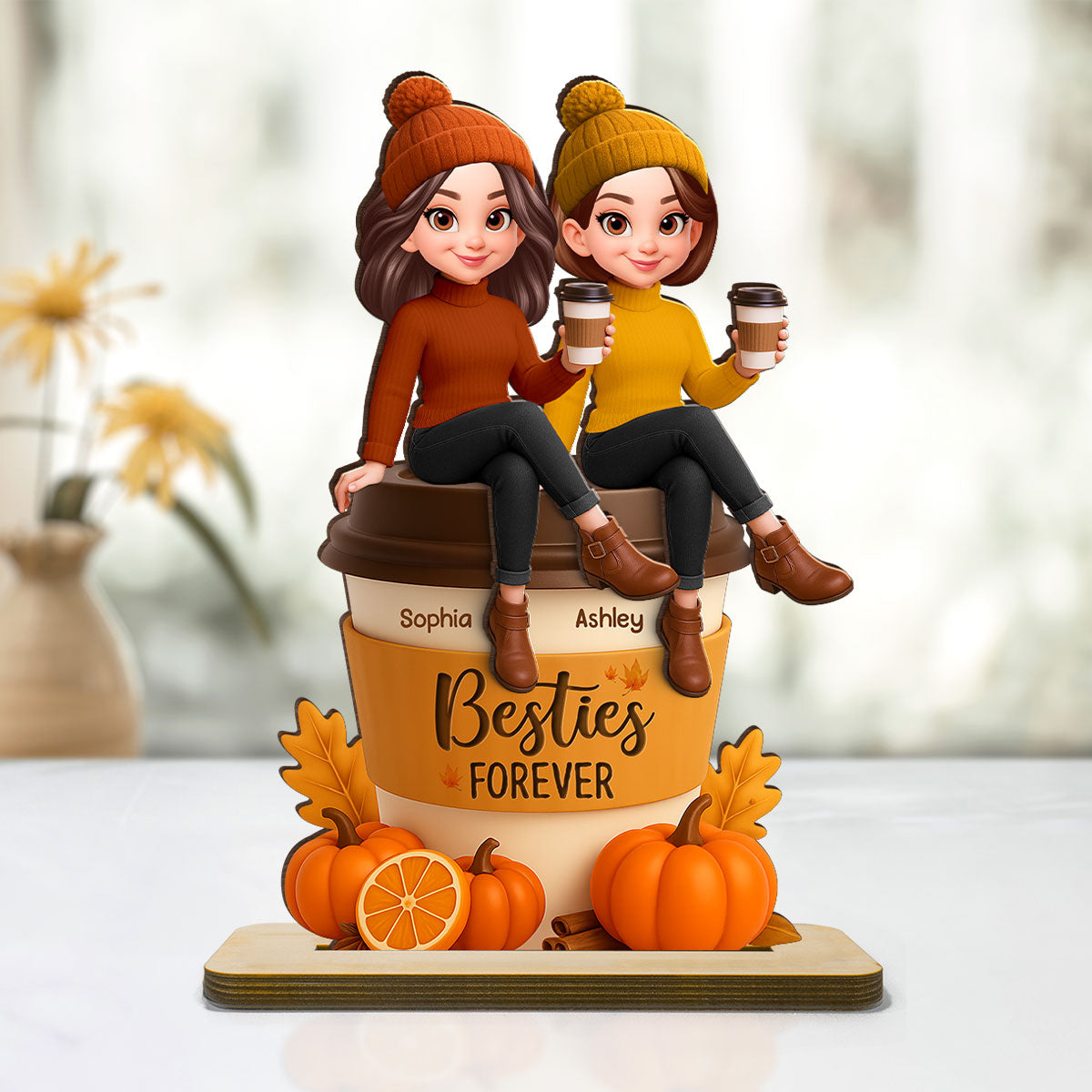 Fall Season Besties Sitting On Pumpkin Spice Latte Personalized Standing Wooden Plaque